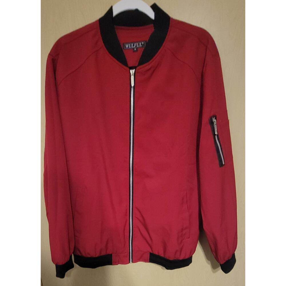 Wulful Men’s Red Full Zip Softshell Bomber Flight Casual Jacket Size Medium